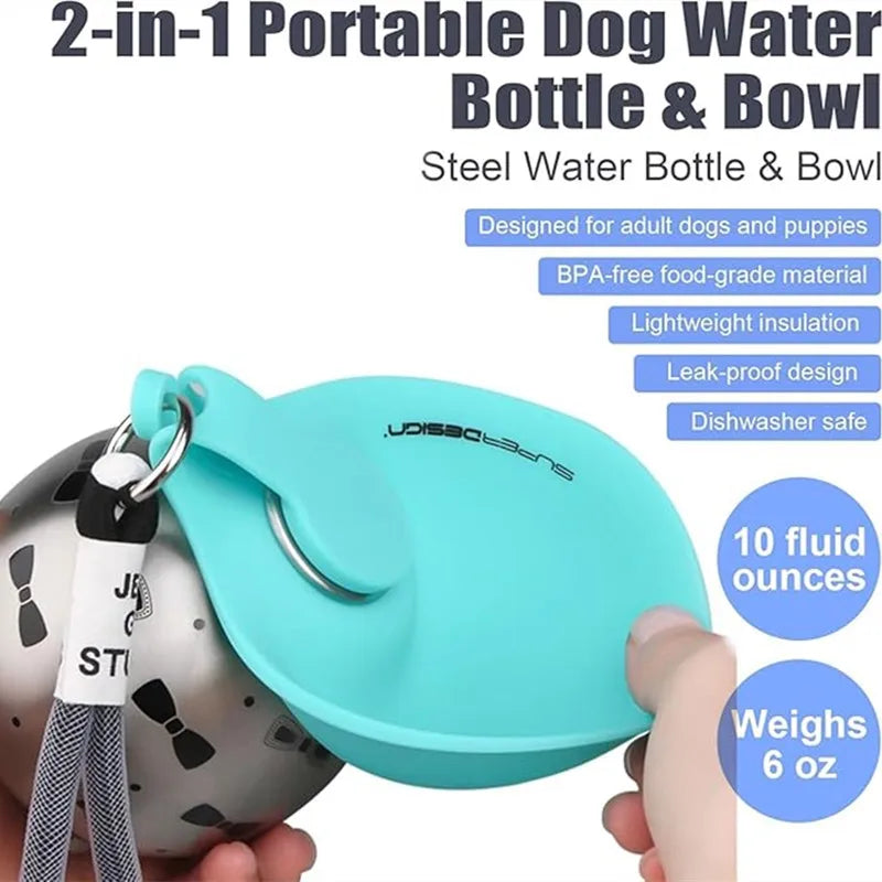 Portable Dog Water Bottle Stainless Steel Travel Cat Water Dispenser with Bowl No-Spill Puppy Water Bottle for Walking Hiking