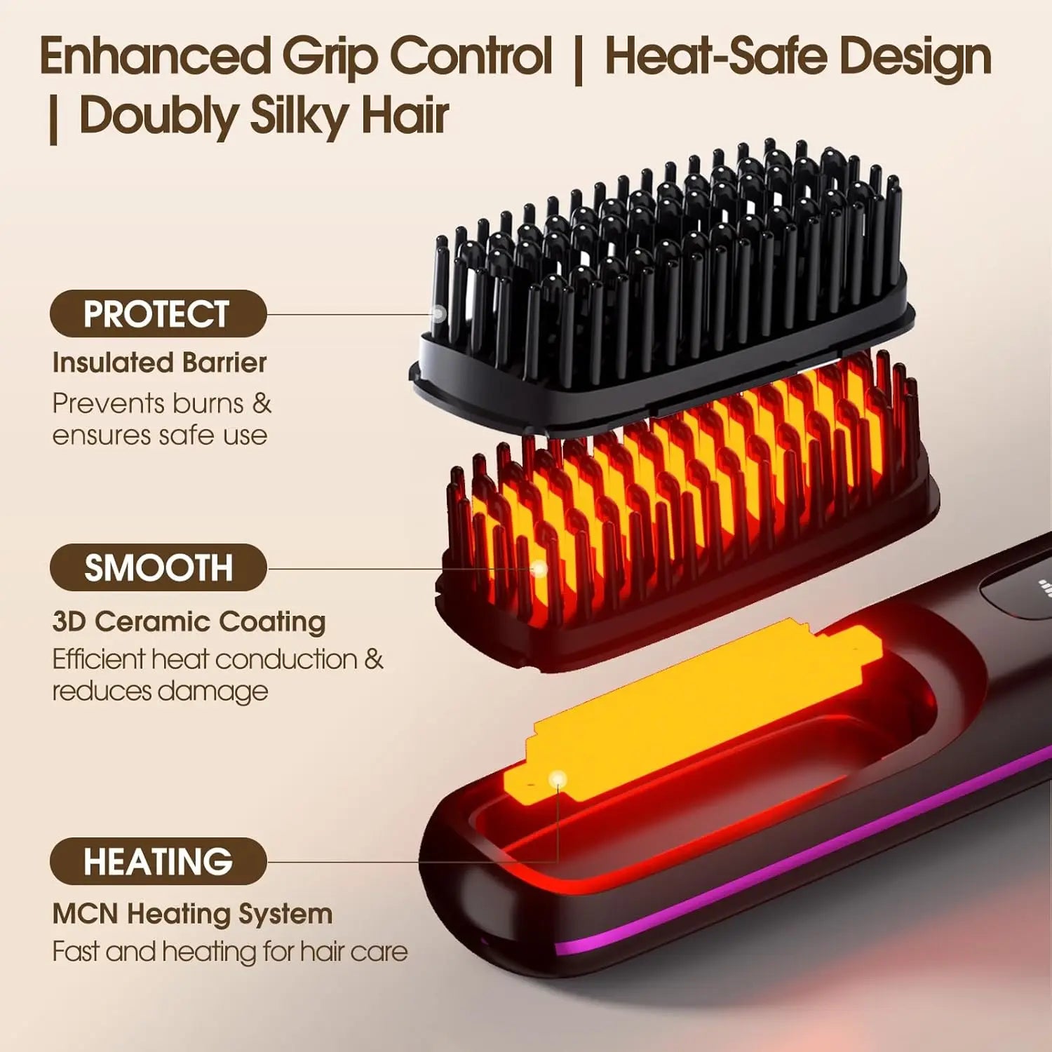 Hair Straightener Brush with LCD Display Cordless USB Charging Straightener Portable Mini Straightening Brush for Home Travel
