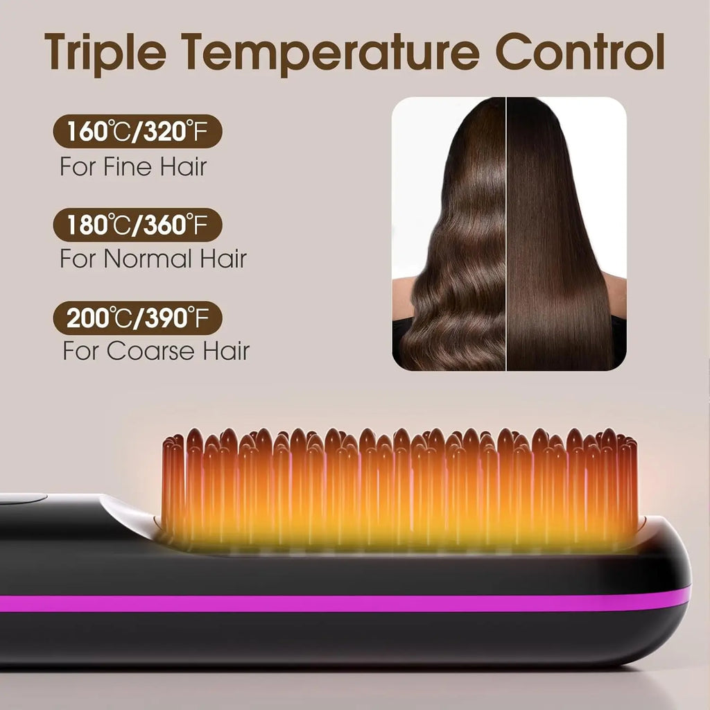 Hair Straightener Brush with LCD Display Cordless USB Charging Straightener Portable Mini Straightening Brush for Home Travel
