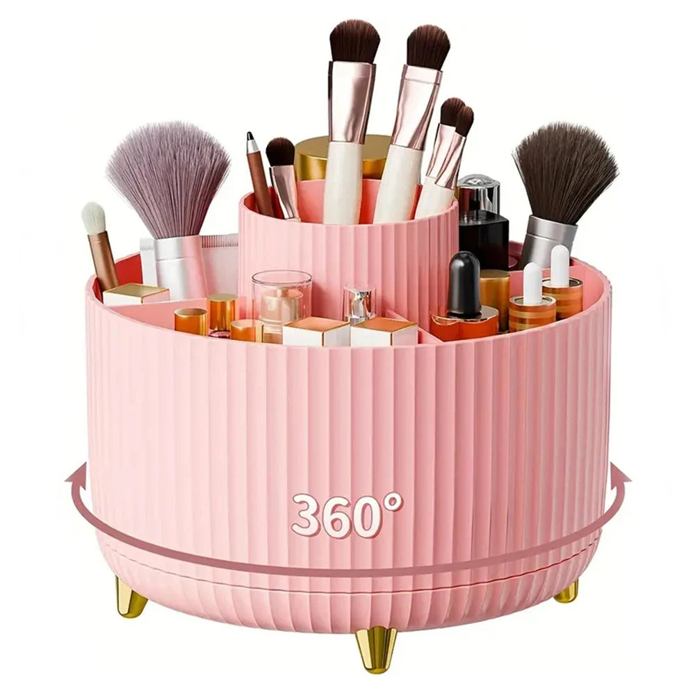 360° Rotating Makeup Brush Holder 5 Slot Cosmetic Organizer for Nail Polishes Skincare Perfumes Desktop Vanity Storage Bathroom