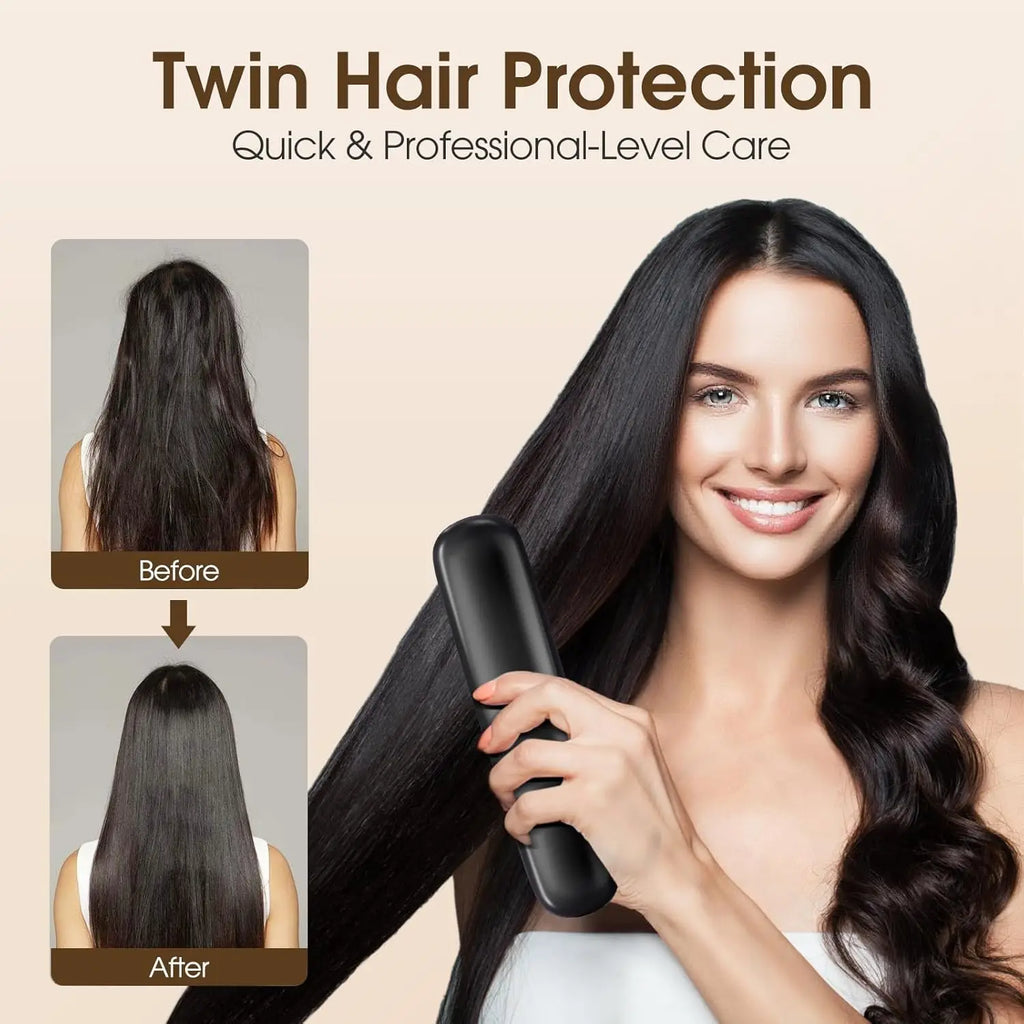 Hair Straightener Brush with LCD Display Cordless USB Charging Straightener Portable Mini Straightening Brush for Home Travel
