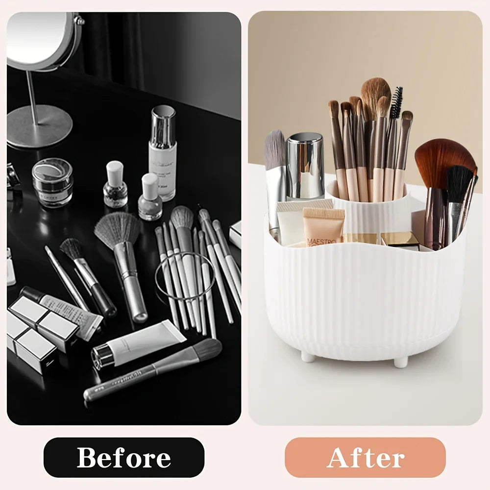 360° Rotating Makeup Brush Holder 5 Slot Cosmetic Organizer for Nail Polishes Skincare Perfumes Desktop Vanity Storage Bathroom