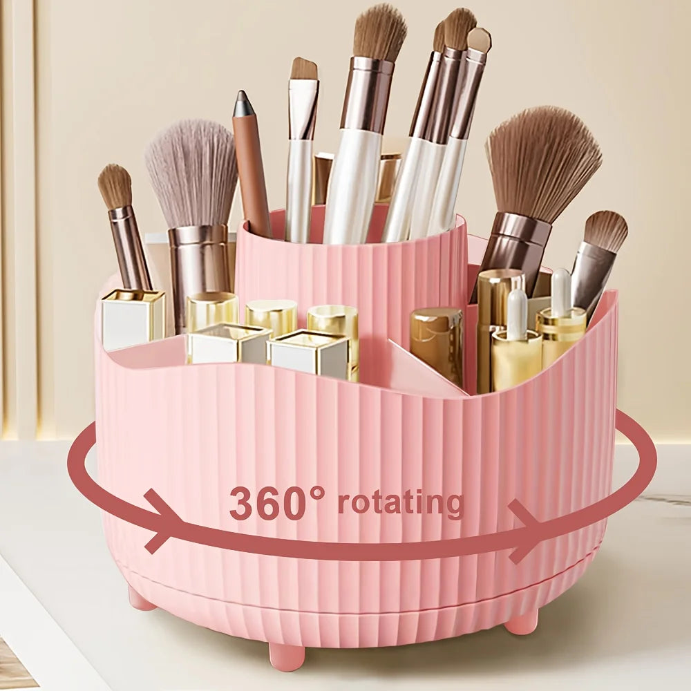 360° Rotating Makeup Brush Holder 5 Slot Cosmetic Organizer for Nail Polishes Skincare Perfumes Desktop Vanity Storage Bathroom