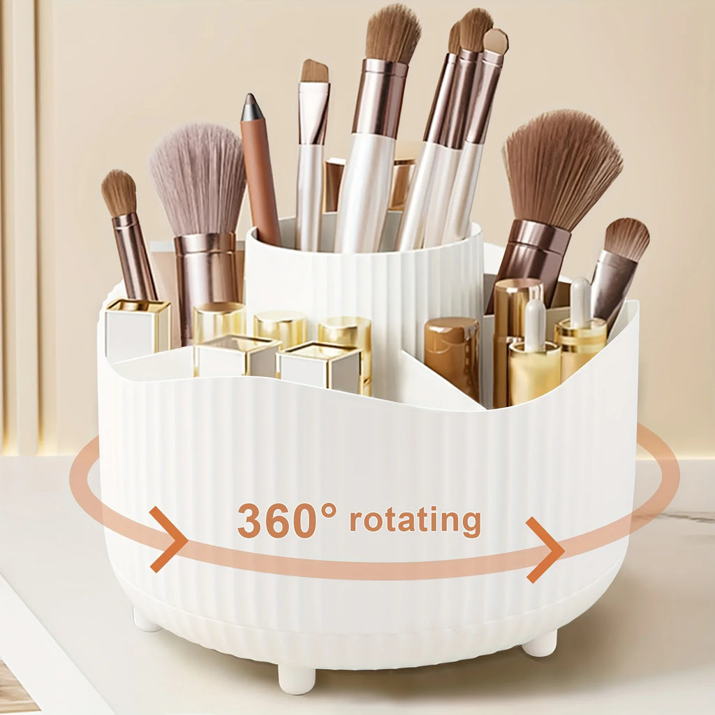 360° Rotating Makeup Brush Holder 5 Slot Cosmetic Organizer for Nail Polishes Skincare Perfumes Desktop Vanity Storage Bathroom