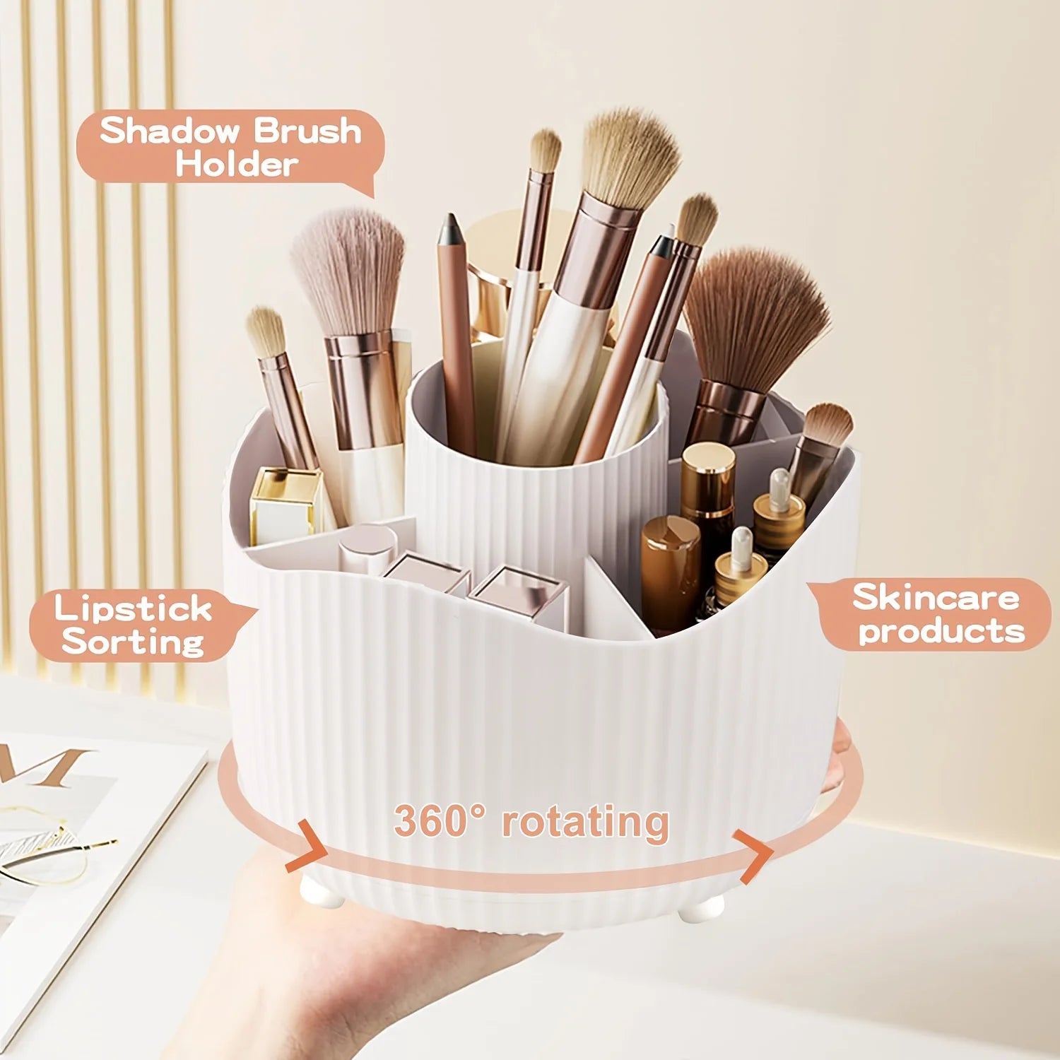 360° Rotating Makeup Brush Holder 5 Slot Cosmetic Organizer for Nail Polishes Skincare Perfumes Desktop Vanity Storage Bathroom